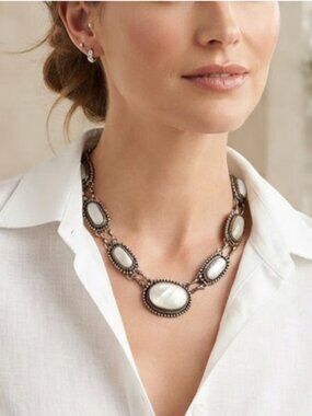 Vintage Natural White Mother-of-Pearl Silver 19" L Necklace Handmade Handcrafted